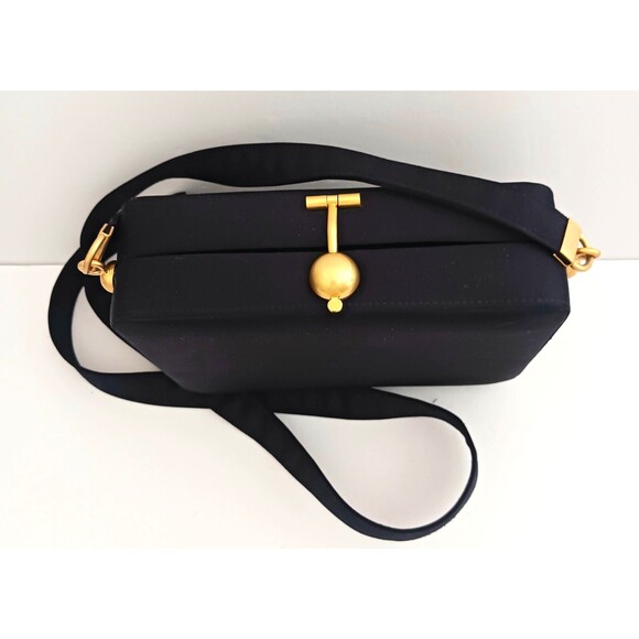 VTG Jay Herbert Blk Box Bag Brushed Gold Top Clasp Crossbody Strap Made Korea - Picture 3 of 14